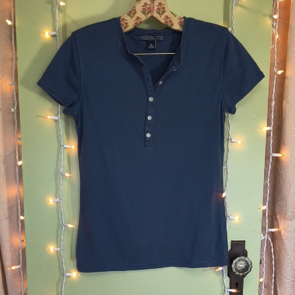 Women's American Living Soft Dusty Country Blue Cotton Button Fitted Tee S